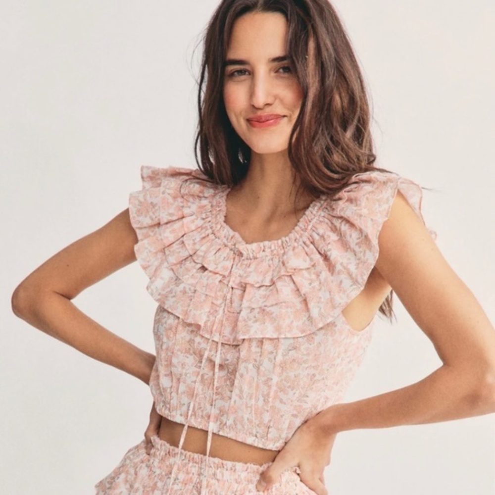 LoveShackFancy Dorin Cropped Floral-Print Ruffled Cotton-Voile Blouse To…